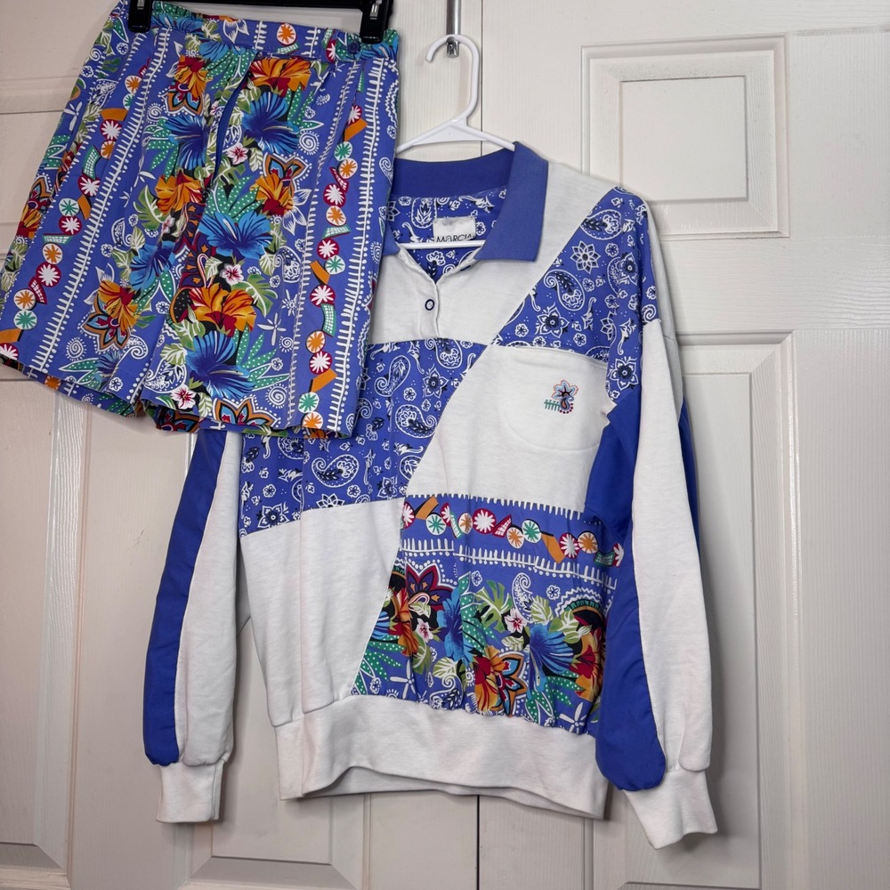 Vintage‎ Marcia Patchwork Floral Shirt Short Set Size M/6 90s Made USA Vacay